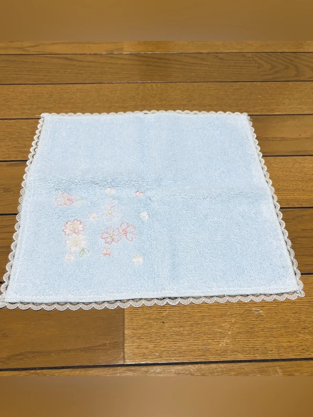 Light Blue w/ Pink Flowers Embroidered Lace border Pocket Hand Towel 27cm/11”